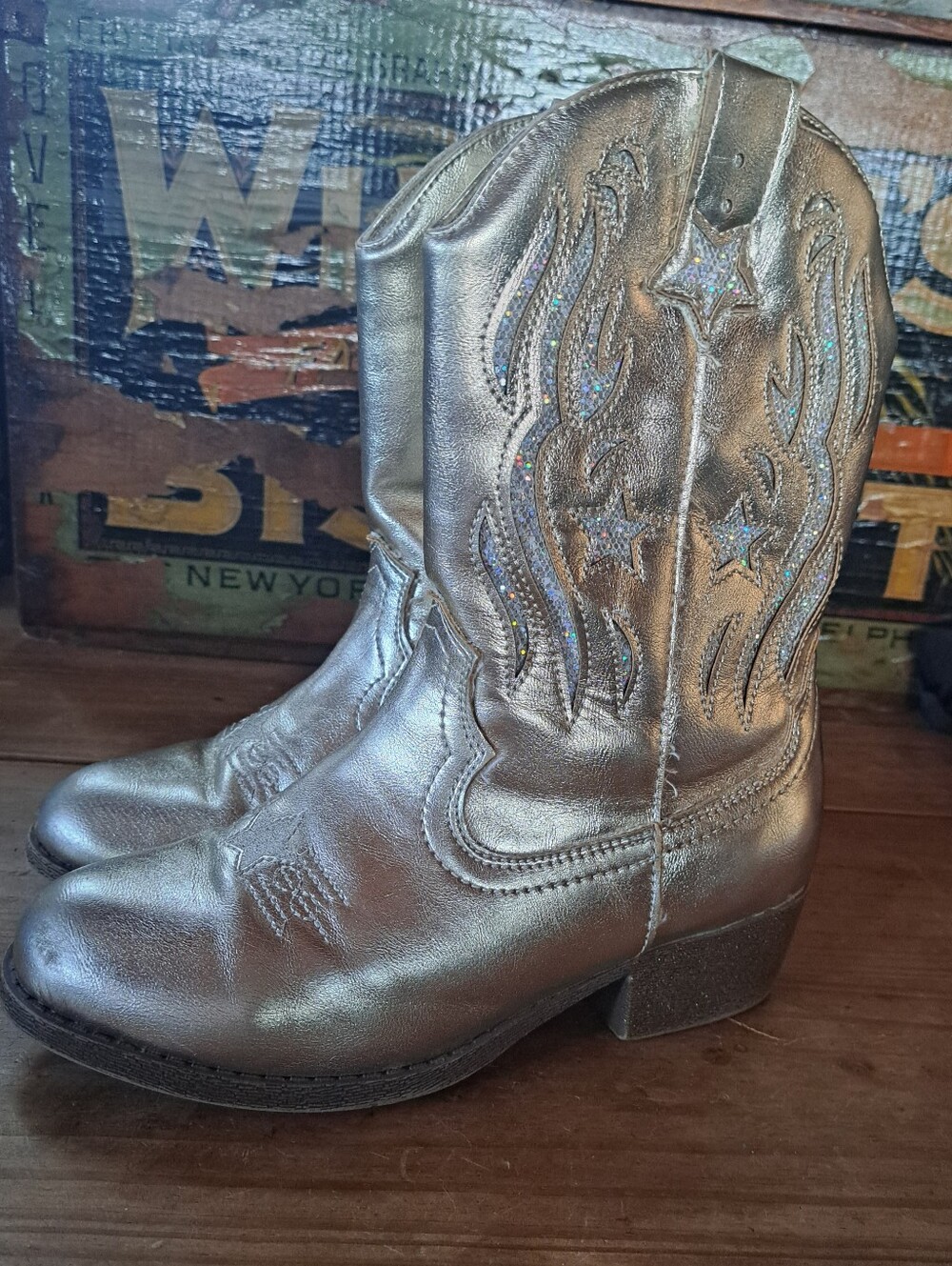 Jellypop Gold Cowboy Cowgirl Western Boots Kids Size 2 Embroidered Glitter